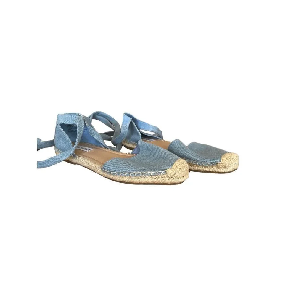 Steve Madden Womens Blue Denim Ankle Wrap Rosette Espadrilles Flat Size 8